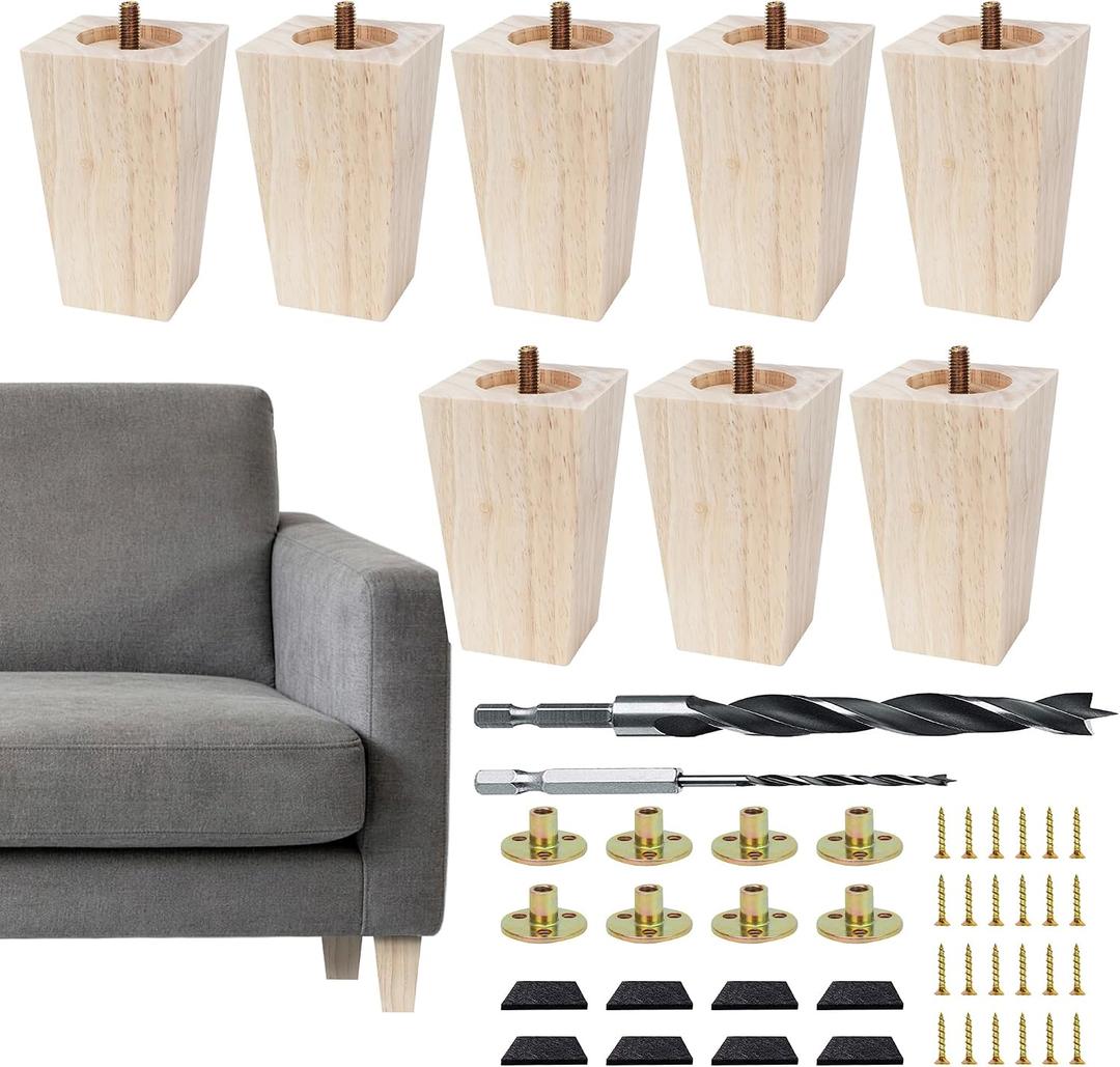 4inch Furniture feet Table Legs Couch Legs Unfinished Square Bed Feet 4 inch Wood Replacement Leg for Furniture Set of 8, Natural (8set, 4in), 4-inch height