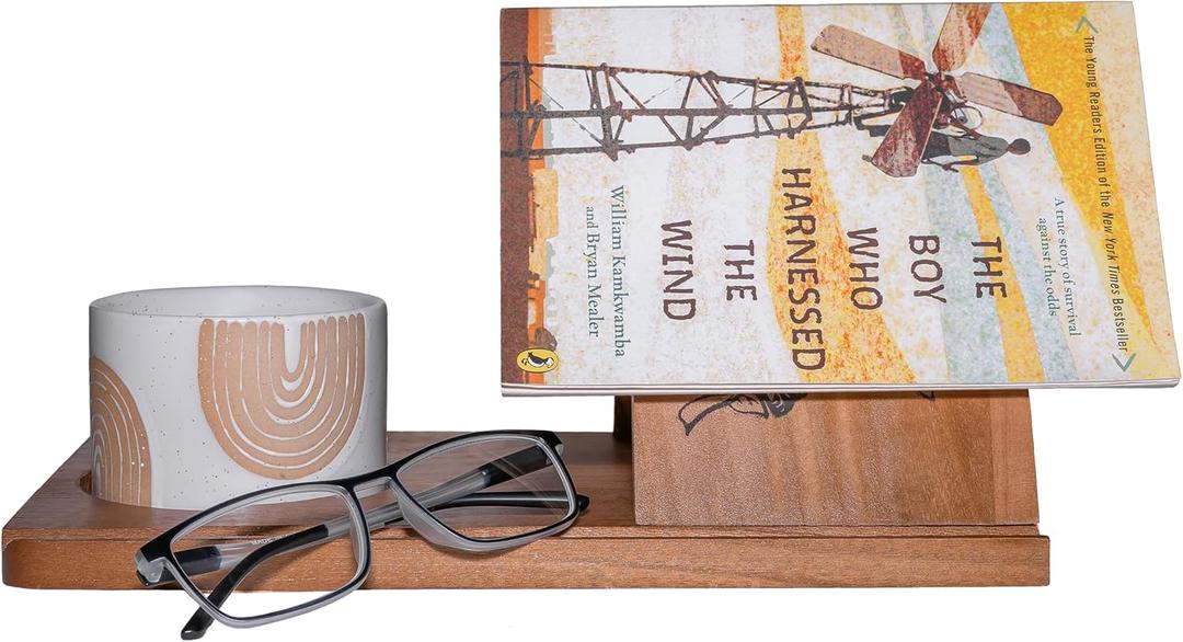 Wooden Triangle Book Stand & Reading Valet  Book Rest with Cup, Phone, Glasses & Pen Holder  Thumb Book Page Holder - Nightstand Book Holder & Gift for Book Lovers, Readers & Bibliophiles