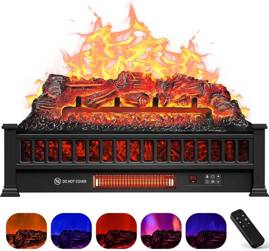Electric Fireplace Logs Inserts Heater 26-Inch, Remote Controller Fireplace Heater, Adjustable Flame Colors, Realistic Fake firewood Flame, Overheat Protection, Timer, Thermostat, 1500W Black