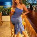 ZESICA Women's Summer One Shoulder Bodycon Midi Dress 2026 Sleeveless Mesh Ruched Cocktail Wedding Guest Dresses (Blue, M)