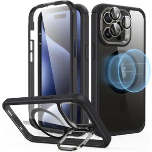 ESR for iPhone 15 Plus Case with Stand, Compatible with MagSafe, Full-Body Military-Grade Drop Proof Case with Built-in 9H+ Tempered Glass Screen Protector, Armor Series, Clear Black