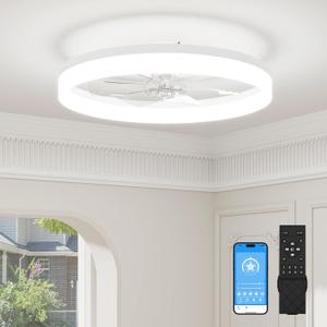 VOLISUN Low Profile Ceiling Fans with Lights and Remote, 23.6in Fandelier Ceiling Fan with Light, 3000K-6500K Dimmable Bladeless LED Fan Light, White Flush Mount Ceiling Fans with Lights for Bedroom