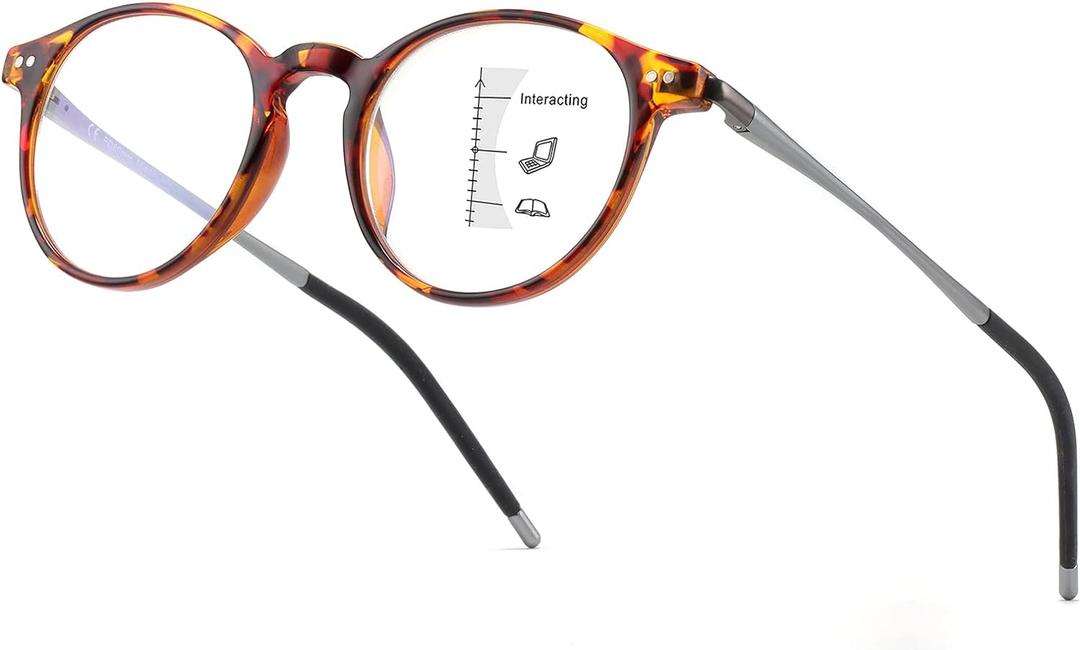 Exquisite Round Ultralight Progressive Multi focus Reading Glasses Women Men Durable Blue Light Blocking Anti Eye Strain/UV Multifocal Readers Spring Hinge Mid-Near Range 3ft,Top is Not 02.0 Tortoise