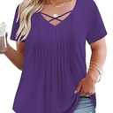 Women Plus Size Tops Trendy Short Sleeve T Shirts Summer V Neck Dressy Loose Fit Pleated Blouses XL Dark Purple
