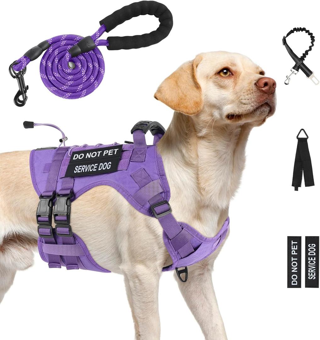 No Pull Tactical Dog Harness for Large Dogs, Escape Proof Molle Dog Vest Harness and Leash Set, Adjustable Military Service Dog Harness with Handle for Medium Large Dogs(Purple, L)