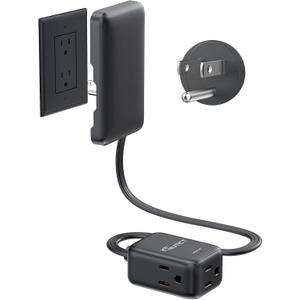 NUTICT 1.5FT Short Flat Extension Cord with 3 Outlets, Flat Wall Plug & Ultra-Thin Outlet Cover, 900J Surge Protection, 13A/1625W, ETL Listed, Black Outlet Extender Plug Behind TV, Couch, Furniture