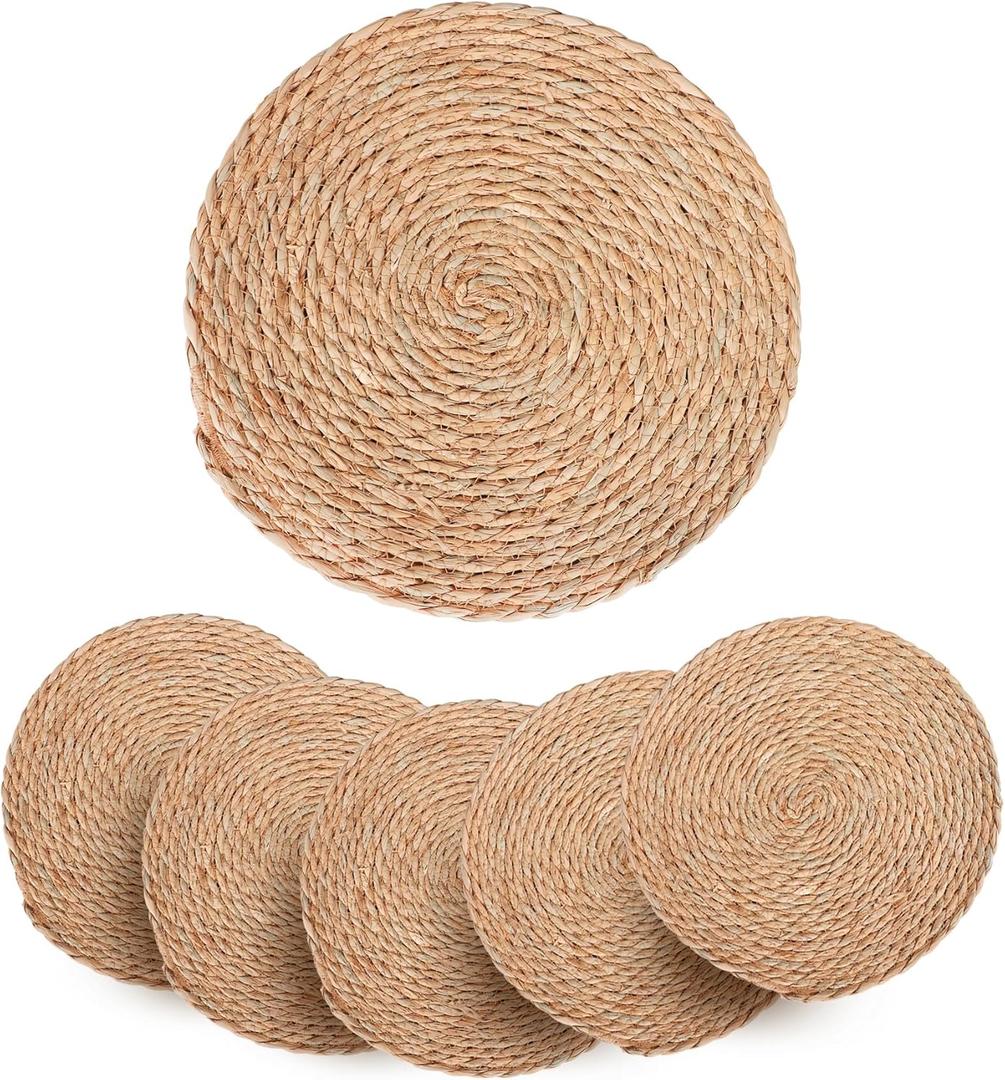 12" Round Woven Placemats Plate Chargers Set of 6, Farmhouse Rustic Boho Woven Place Mats for Dining Table Decor, Rattan Wicker Table Mats Jute Braided Chargers for Dinner Plates Wedding Tablescape (Natural)