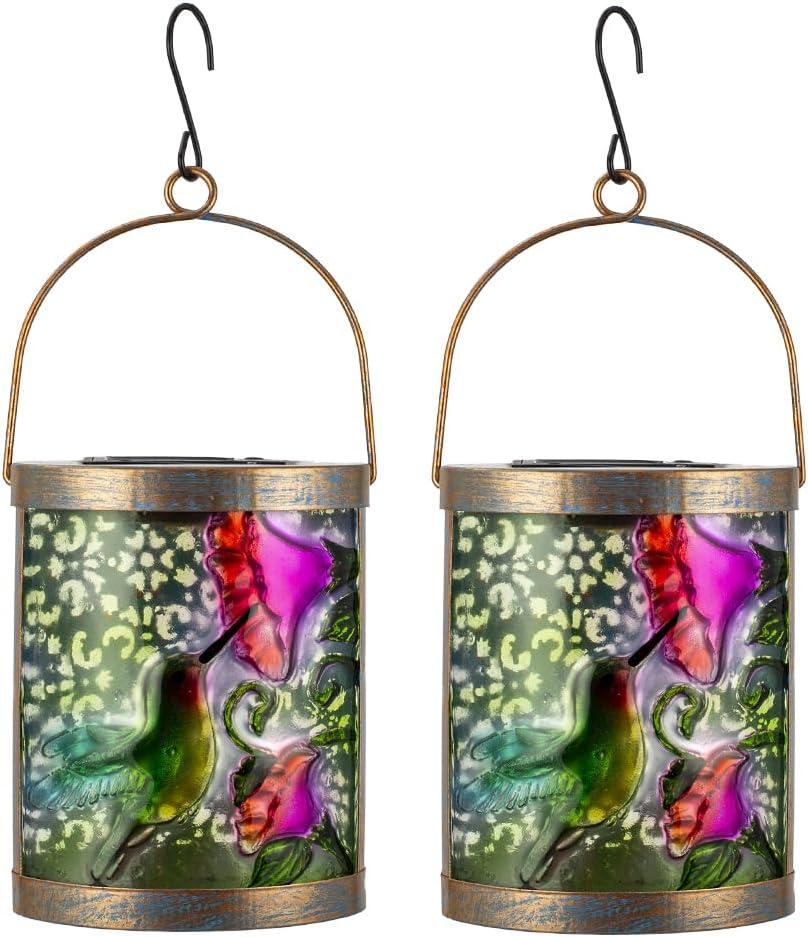 2 x Solar Lights Outdoor Waterproof 2 Pack Hummingbird Lamps Garden Decor | Hanging Solar Lanterns Gifts for Women Mom Grandma Metal Solar Decoration Outside for Yard Patio Backyard Porch Pathway