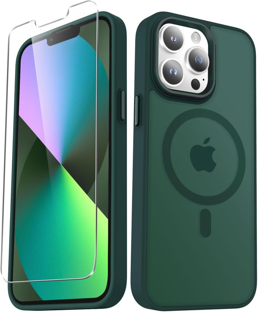 YENAPOON for iPhone 13 Pro Case, Matte Magnetic Phone Case with 1 Screen Protector, Support for Magsafe, Translucent Frosted Slim Shockproof Protective Cover for iPhone 13 Pro 6.1 inch, Dark Green