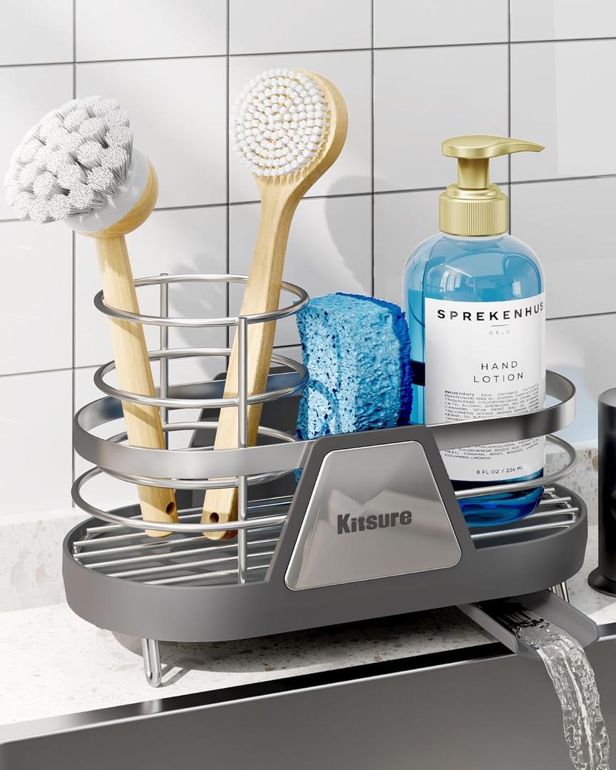 Kitsure Sponge Holder for Kitchen Sink - Space-Saving Kitchen Sink Caddy, Rustproof Metal Organizer with Removable Brush Holder, 7.9"3.9"5.3", Grey