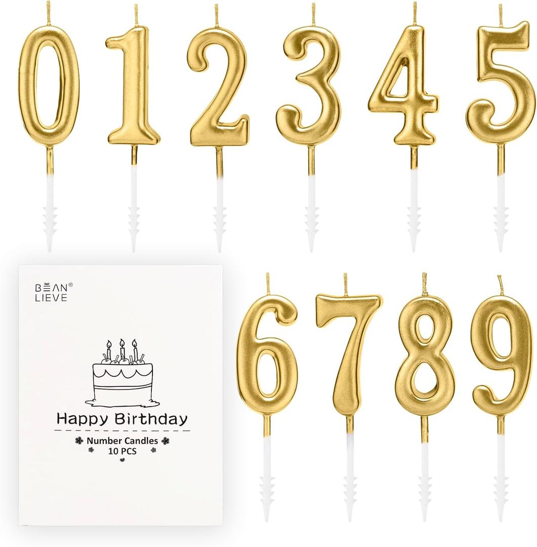 Beanlieve 10-Pieces Numeral Birthday Candles - Cake Numeric Candles Number 0 1 2 3 4 5 6 7 8 9,Used for Cake Decoration on Birthday Parties and Wedding Anniversary Celebrations(Champagne Gold) (Champagne gold)