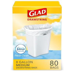 Glad Medium Trash Bags, 8 Gallon, Febreze Fresh Clean Garbage Bags, With Odor Control and Drawstring, 80 Count