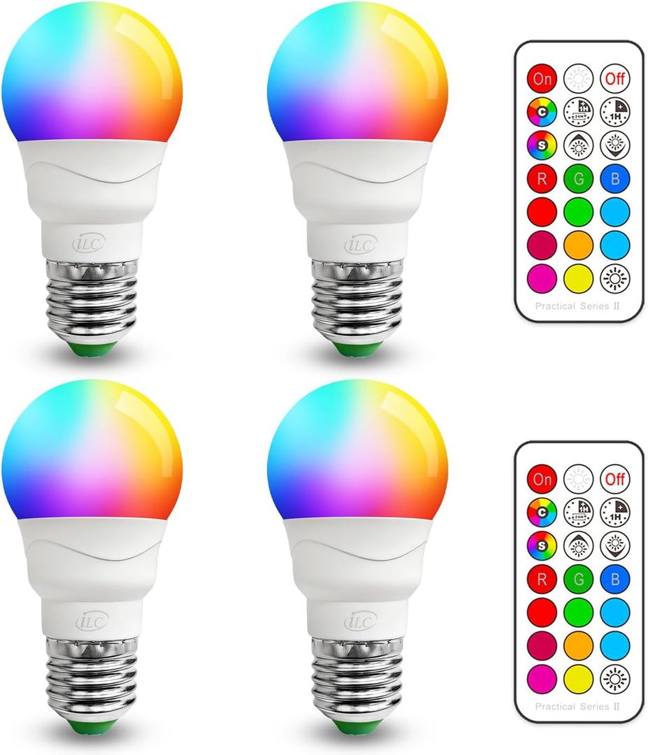 ILC RGB LED Color Changing Light Bulb, 40W Equivalent, 450LM, 2700K Warm White 5W E26 Screw Base RGBW, Flood Light Bulb- 12 Color Choices - Timing Infrared Remote Control (4 Pack)
