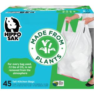 Hippo Sak - Plant Based Tall Kitchen Garbage Bags with Ergonomic Handles - 13 Gallon Trash Bags - Recyclable & Reduced Carbon Footprint - Super Strong and Leak Proof Tall Kitchen Trash Bags (45 Count)