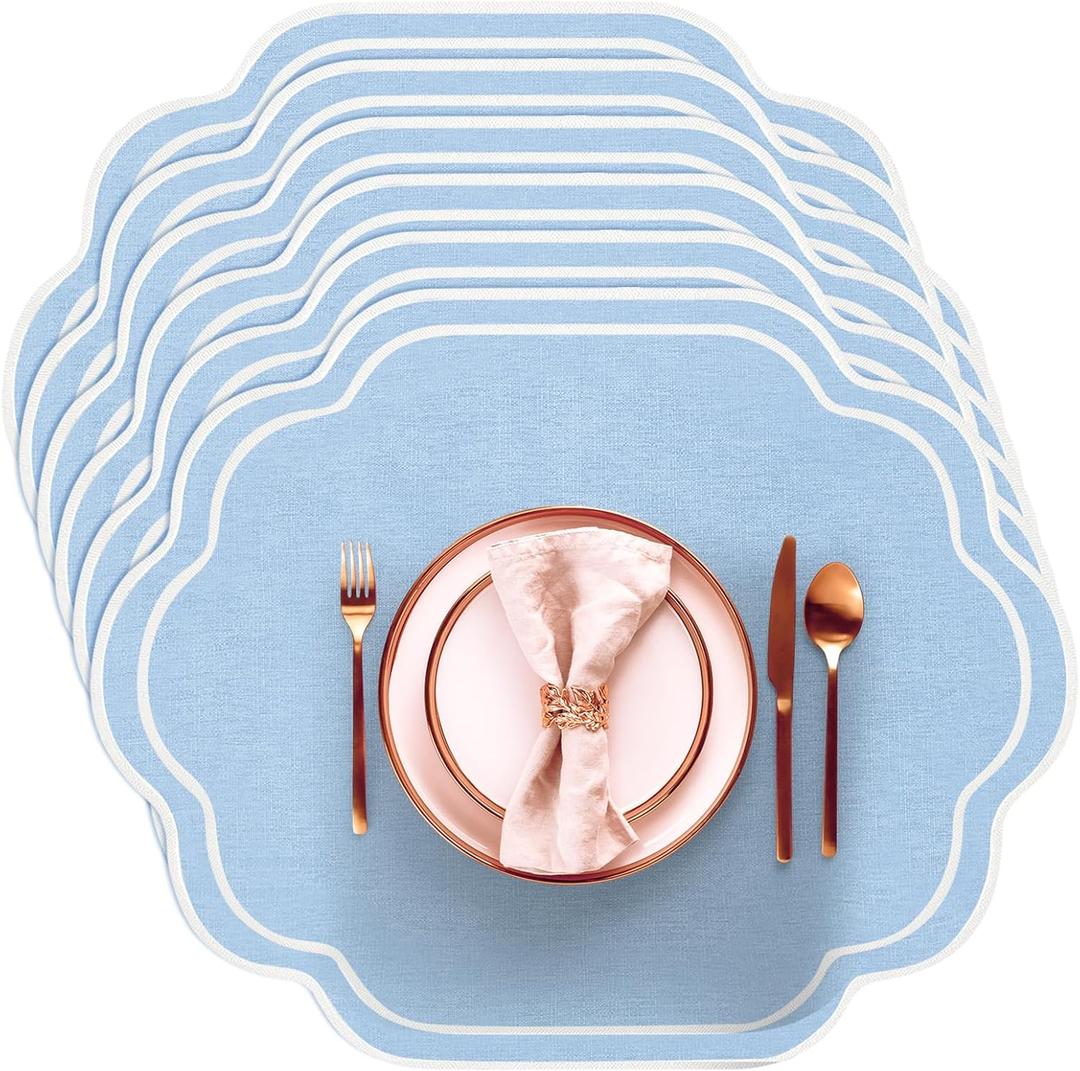 Breling 6 Pcs Wedding Placemats Scalloped Embroidered Cotton Linen Placemats 17" x 13" Double Layered Machine Washable Table Place Mat for Party Table Decor (Light Blue)