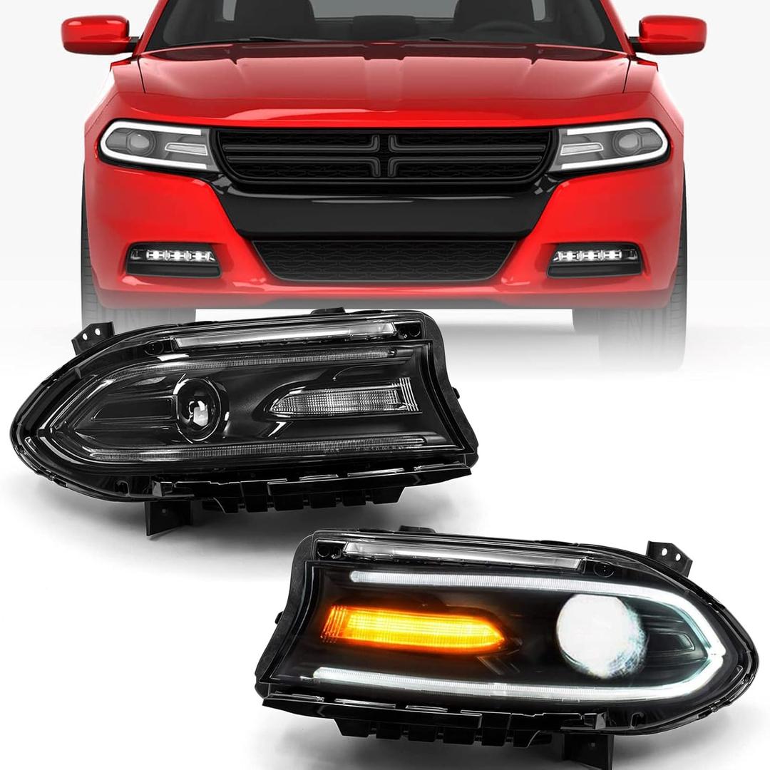 Halogen Model Headlights Assembly Compatible with Dodge Charger 2015-2021 Headlamp Replacement Pair Left Driver LH & Right Passenger Side RH
