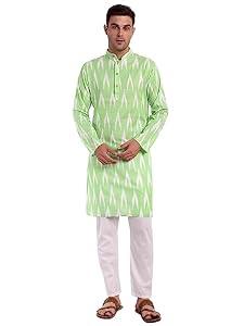 SKAVIJ Men's Pure Cotton Printed Kurta Pajama Set Ikat Design Casual Ethnic Dress (Lime Green_S)