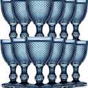 Bokon 12 Pack Glass Goblets Set 10 oz High Clear Wine Glass Vintage Water Goblets Cups Embossed Diamond Design Glassware with Stem for Drinking Juice Liquor Party Wedding Bar (Sapphire)