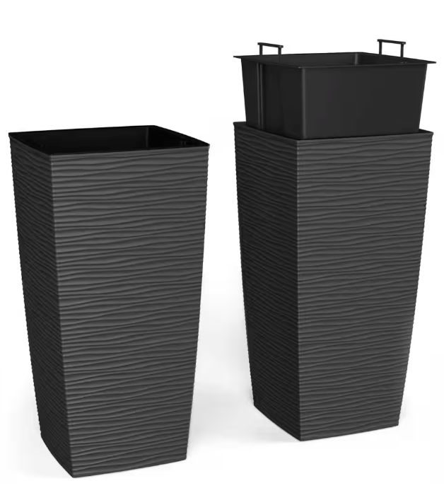 14 in. x 14 in. x 27.5 in. EverGreen Dark Gray M-Resin Indoor/Outdoor Planter w/Built-In Drainage, Duo Set, XL (2-Piece) 