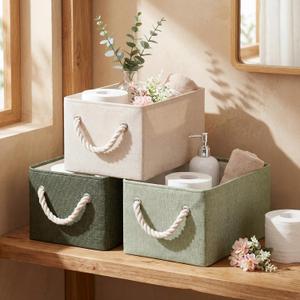 Maxcheck 3 Pcs Boho Farmhouse Storage Basket Sage Green Foldable Large Canvas Laundry Basket for Bathroom Laundry Room Shelves Fabric Rectangle Storage Bin with Handle for Cloth Body Wash Toilet Paper