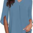 LAOLASI Womens Summer Chiffon Blouses 3/4 Sleeve V Neck Casual Loose Work Tops for Leggings 2025 Flowy Dressy Tshirts (Medium, Blue)