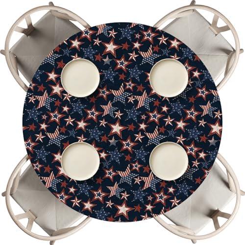 Horaldaily 4th of July Fitted Tablecloth 45"-56" Round, Wooden Vintage Rustic Dark Blue Patriotic Washable Table Cover Elastic Edged for Dinning, Picnic, Camping, Banquet