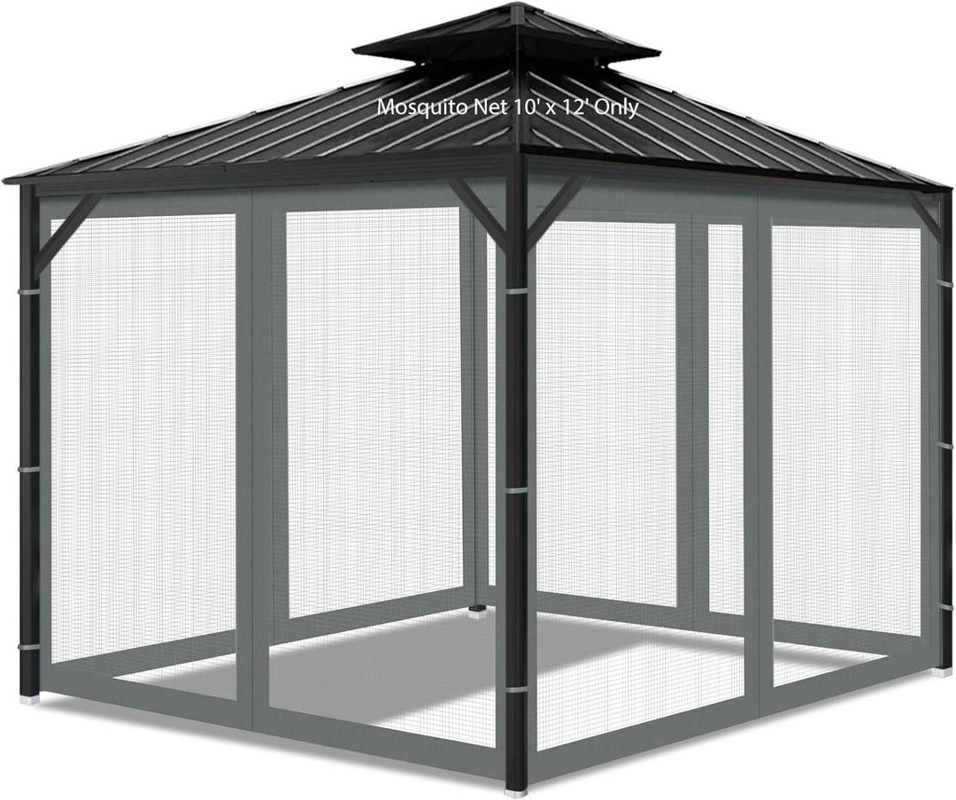 Gazebo Universal Replacement Mosquito Netting, 10' x 12' Outdoor Mesh Netting Screen 4-Panel Sidewall with Zipper for Patio Canopy Garden Porch Pergolas and Backyard, Gray(Mosquito Net Only)