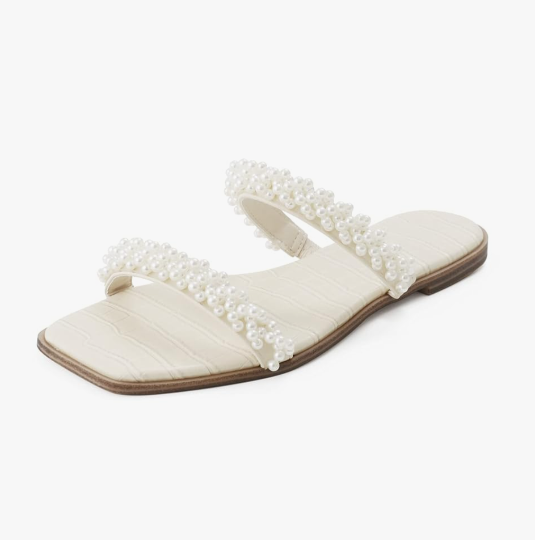 LACUONE Pearl Strap Flat Sandals For Women Slip On Square Open Toe Slides Sandals 39