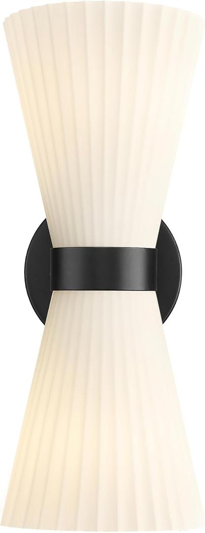 Modern Black Wall Sconce, HWH Up and Down Indoor Sconces Wall Lighting with Frosted Milk White Striped Glass Shade, Hardwired Wall Mounted Vanity Lamp for Bathroom, 5HZG97B-2W BK