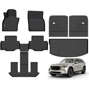 ANBINGO Floor Mats & SeatBack Cargo Liner for Mazda CX90 2024 2025 2026/6 Passenger / 2nd Row with Bucket Seat or Captain Seat / (50/50 Velcro Tape Fixed Backmats) TPE 3 Rows Waterproof Car Mat