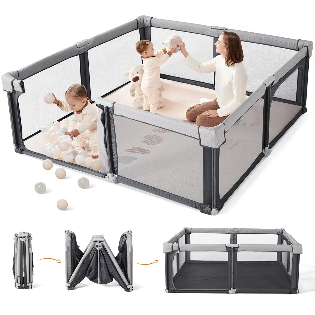 Sweeby Baby Playpen, 79x71 Inch Baby Gate Playpens for Babies and Toddlers, Extra Large Playpen with Door Play Yard for Fence Indoor and Outdoor Play Pen,Space Gray