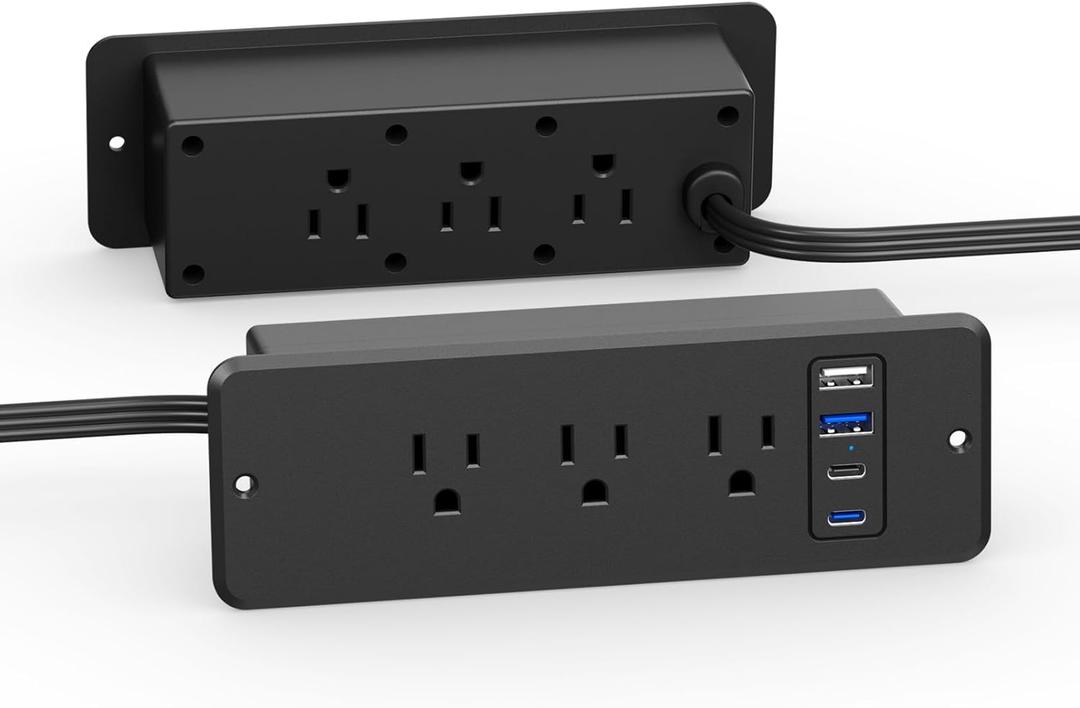 CCCEI 6 Outlets Dual Side Recessed Power Strip with 45W USB C Port, Furniture Flush Mount, Under Desk, Desk Top Multiple Outlet, Hidden Charging Station for Conference Table, Nightstand, Black. 10FT.