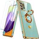 For Samsung Galaxy A52 5G/4G Case with 2 Pack Screen Protector, 360 Rotatable Ring Holder [Luxury Hearts Pattern] Plating Gold Edge Slim Soft Phone Cover Case for Galaxy A52 - Mint