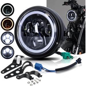 7 Inch LED Motorcycle Headlight Round DOT Approved With Housing Bucket Turn Signals DRL Halo Ring Angle Eyes Hi/Lo Beam Headlight w/Fork Clamp Bracket for H-arley Honda Yamaha Motorcycle