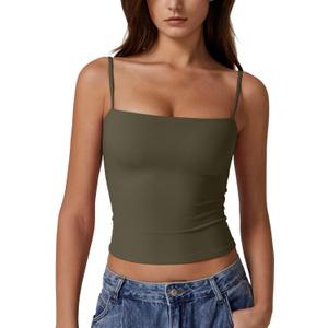QINSEN Women's Double Lined Basic Tank Top Adjustable Spaghetti Straps Sleeveless Camisole Shirts (Green, XS)