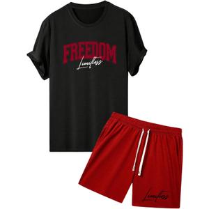 GORGLITTER Men's 2 Piece Outfits Letter Print Crewneck Short Sleeve T-Shirt and Shorts Set (Red and Black)