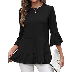 CiCiBird Women's 3/4 Ruffle Sleeve Babydoll Top Loose Peplum Crewneck Tunic 2025 Fashion Casual Shirt, Size S