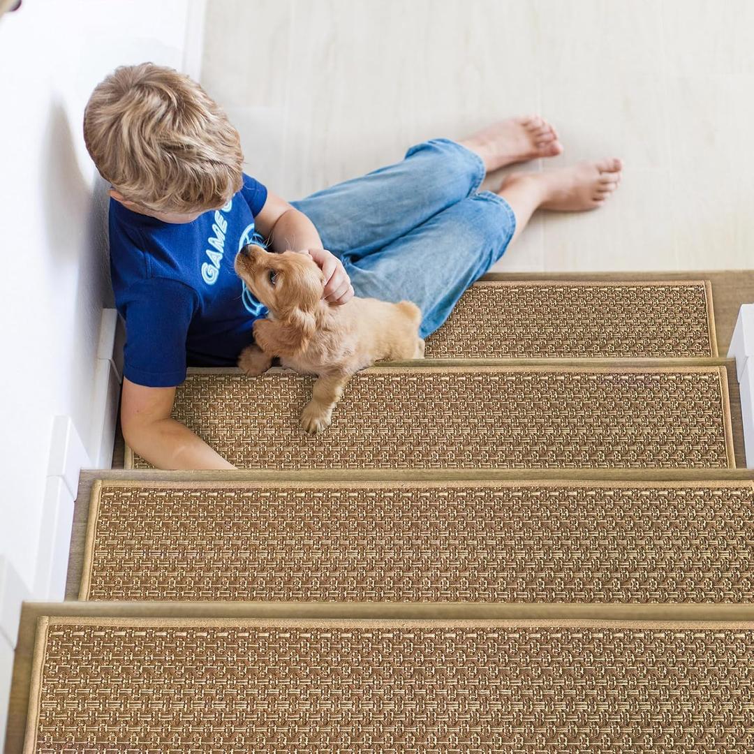 Braided Stair Treads Faux Jute,Non-Slip Stair Runners for Wooden Steps,Indoor,Farmhouse,15PCS 30"x8",Neutral Peel and Stick Stairs Carpet for Kids,Elders and Dogs,Stair Covers,Tan Brown