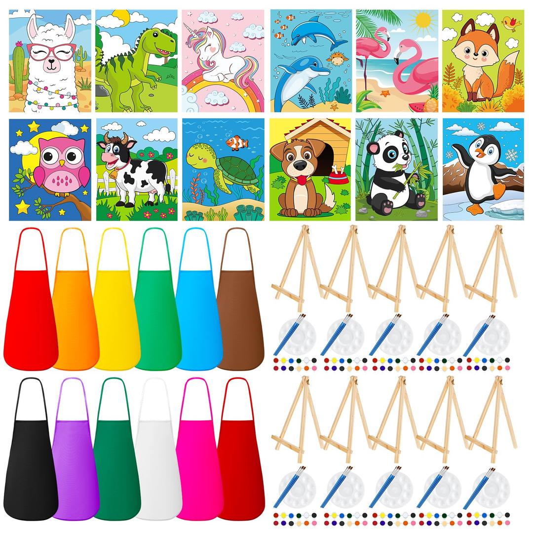 Ireer 84 Pcs Paint Party Set Include 12 Animal Pre Drawn Canvas, Brushes, Palettes, 12 Set Acrylic Paints, Apron Canvas, Painting Kit for Birthday Party Gift Creative Supplies(5 x 7 Inches)