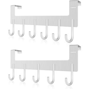 ACMETOP Over The Door Hooks, Aluminum Over The Door Hanger, Heavy Duty Over The Door Towel Rack, Brush Finish - 5 Hooks & 6 Hooks, (Matte Silver)