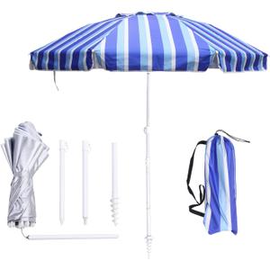 6.5ft Beach Umbrella - Heavy Duty Wind Resistant UV 50+ Portable Sun Shade with Sand Anchor & Carry Bag, Outdoor Folding Umbrella for Beach, Pool, Patio, Garden (Blue Vertical Stripe)