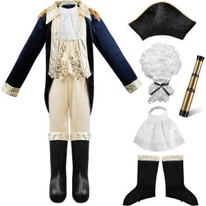 IKALI Kids George Washington Costume With Wig and Hat Accessories, Boys Children Hamilton American Colonial Day Outfit (10-12 Years, Blue)
