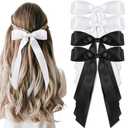 vivinin 4pcs Solid Silky Satin Hair Accessories: Bows with Long Tails, Daily Wear Clips for Women and Girls, White and Black Gifts