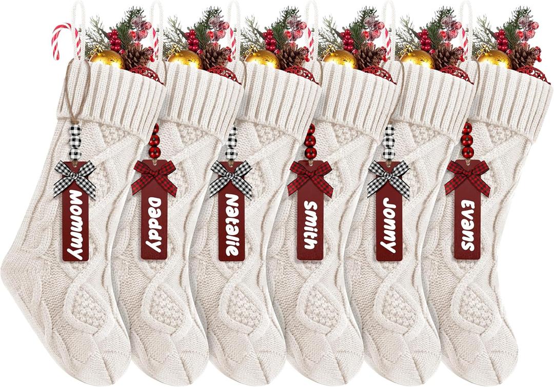 6Pack Personalized Christmas Stockings with Wooden Name Tags, 18 inches Xmas Cable Knitted Stocking for Holiday, Hanging Decoration Gifts for Family Party(White)