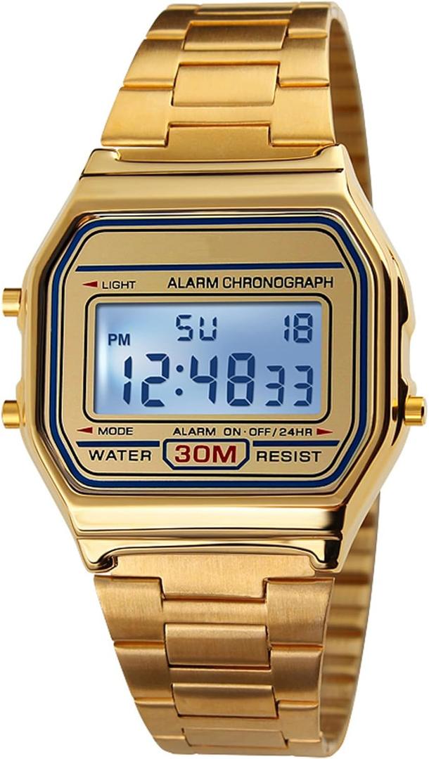 PASOY Men's Digital Gold Stainless Steel Watch Backlit Multifunction Stopwatch Waterproof Sport Watches