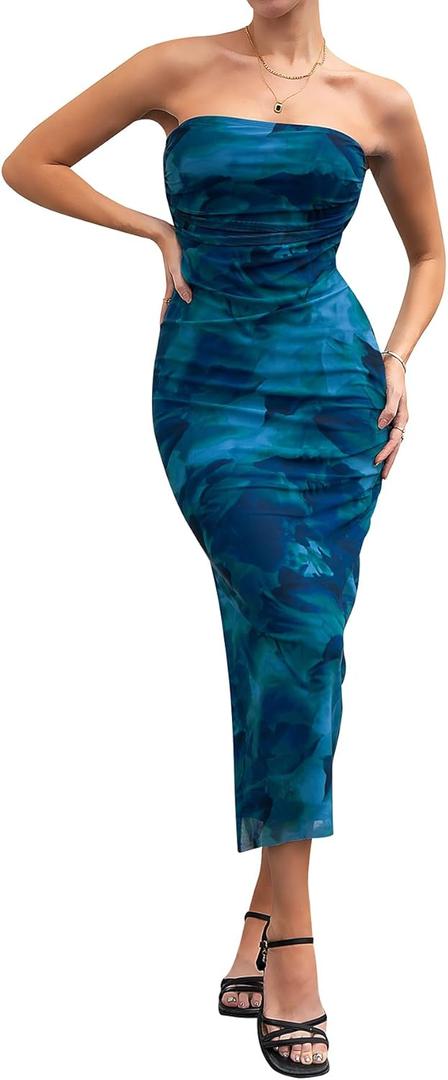 Milumia Women's Summer Strapeless Tube Top Dresses Side Slit Ruched Bodycon Maxi Dress Vacation (Medium, Deep Blue)