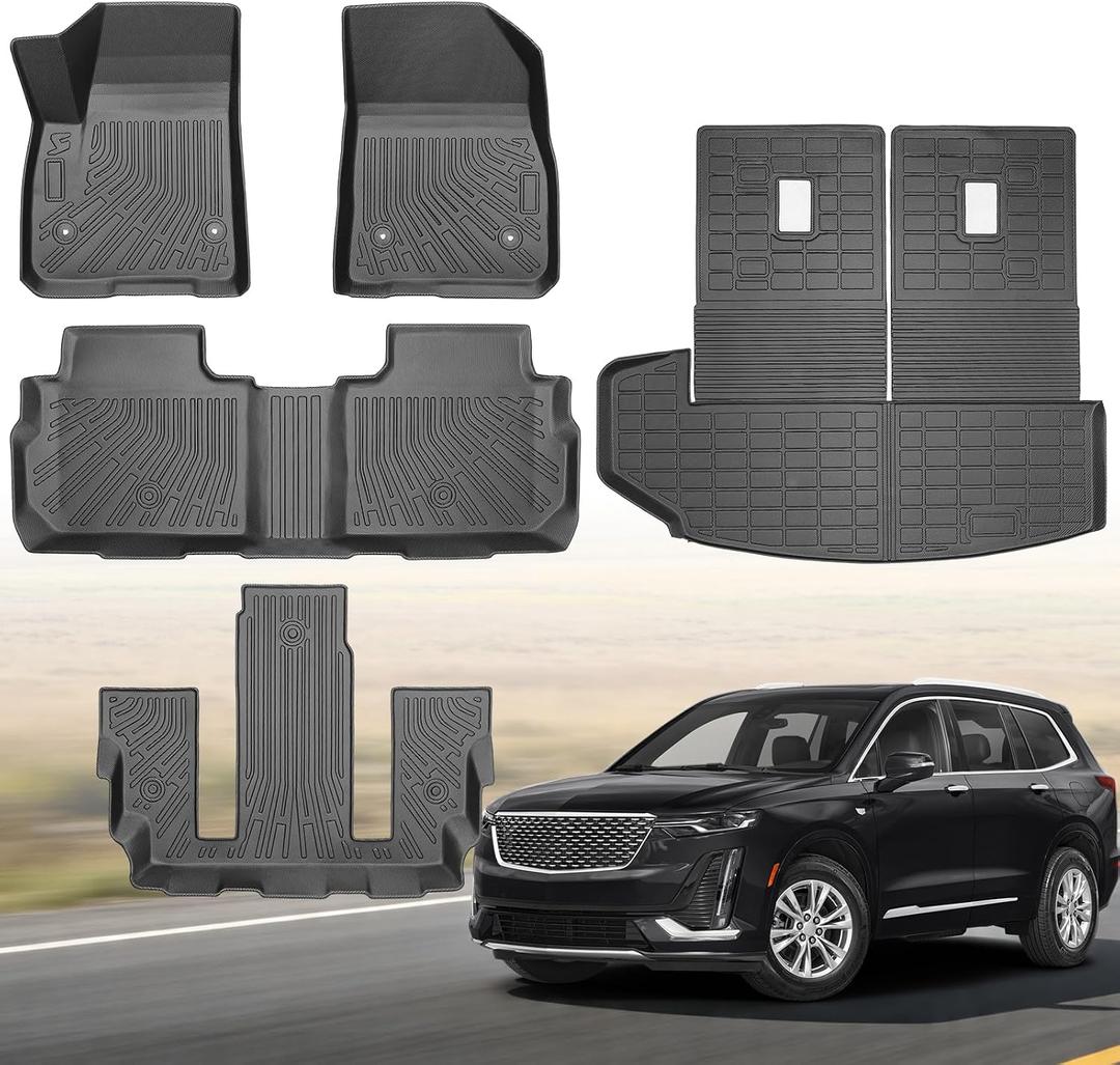 Floor Mats for 2020-2026 Cadillac XT6 6 Seats, Custom Fit TPE Liners | All Weather Floor Liners Fit Cadillac XT6 Heavy Duty Car Mats 3 Row & Trunk with Backrest Mat Accessories Odorless Anti Slip