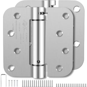 Self Closing Door Hinges 4 Inch, Spring Loaded Adjustable Tension Hinges for Garage/Front/Back Doors - UL Listed Brushed Nickel Hinges, Left/Right Hand Door Hardware with 5/8" Radius Corners (2 Pack)