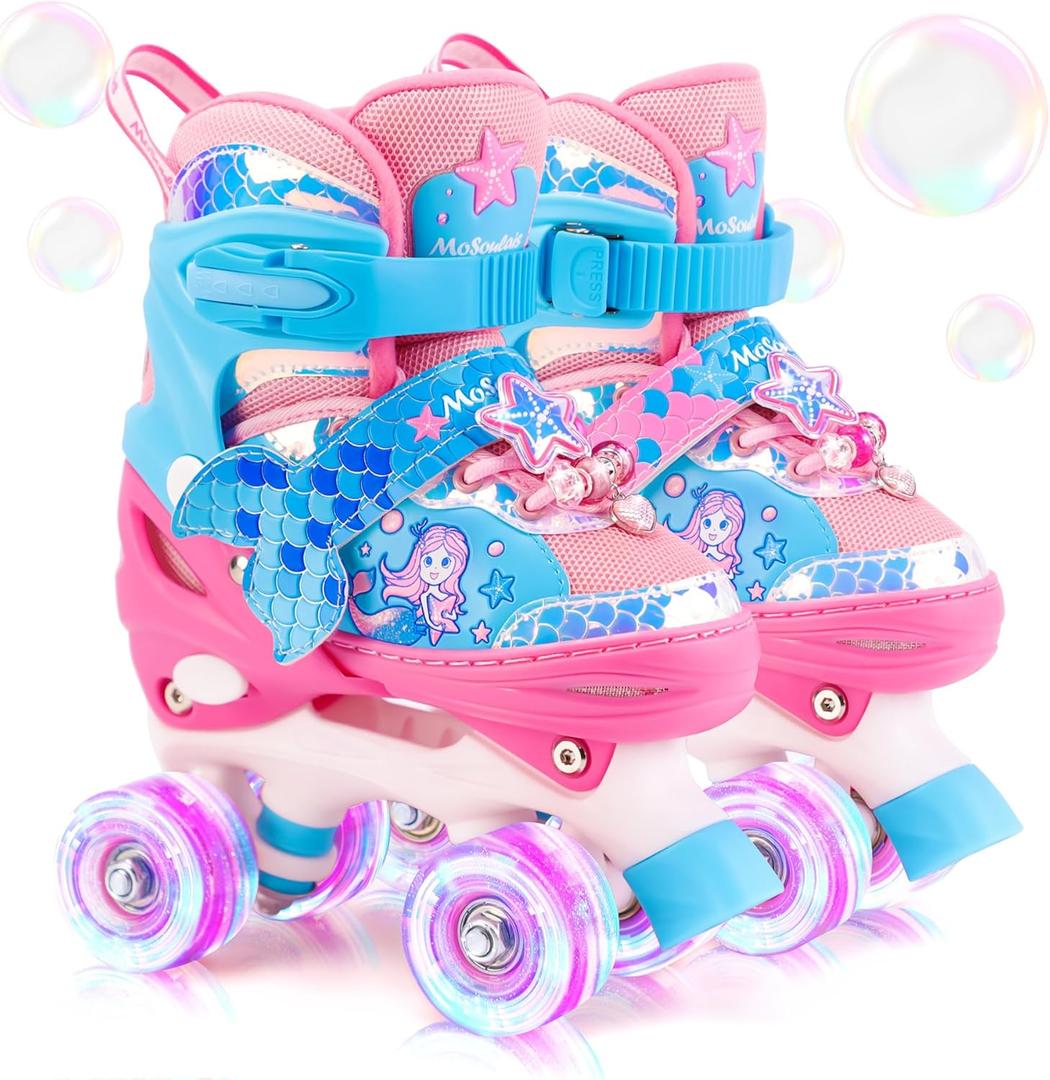 Mermaid Roller Skates for Girls Kids, Mosoulais 4 Size Adjustable Light up Wheels Skates for Toddlers, Beginner Women Rollerskates Indoor Outdoor for Xmas Birthday Gifts, Patines para Nias Nios (X-Small-Toddler(7C-10C), Pink)
