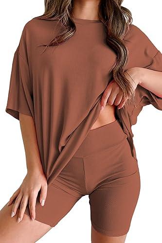 Womens 2 Piece Lounge Set 2026 Summer Travel Outfit Casual Short Sleeve Oversized Tshirts & Biker Shorts L